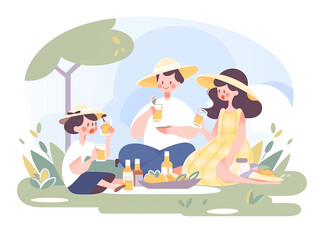 돗자리를 깔고 소풍을 즐기는 가족, 소녀들. 가족 여행. 