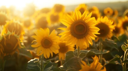 Obraz premium Endless field of sunflowers illuminated by the sun, harvest and agricultural business concept 