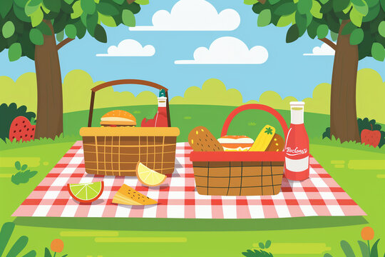 여름 공원에서 잔디에 담요에 음식 음료와 피크닉 바구니의 평면 디자인, 벡터, 일러스트.