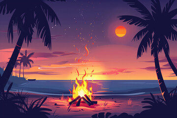 야자수가 있는 해질녘 해변의 거대한 모닥불, 모래 위의 큰 모닥불, 미니멀한 벡터 아트, 평면 2D 일러스트.