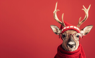 Festive Reindeer on Red. Reindeer with glasses on red background.