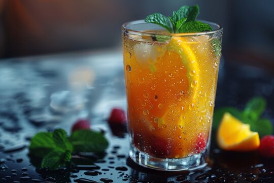 This image portrays an iced tea in a transparent glass garnished with mint and a lemon slice, with berries on the side