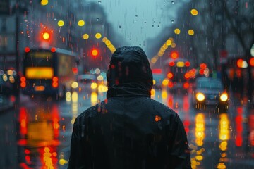 A person in a raincoat is the focal point amidst the rainy city street with vibrant lights, capturing the essence of urban life and solitude