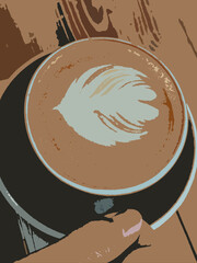 Realistic illustration of hand holding latte art coffee cup in a Thai café.