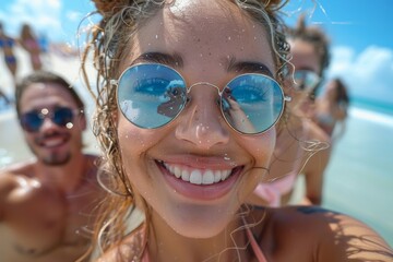 Close-up of a woman at the beach with the sea reflected in her sunglasses
