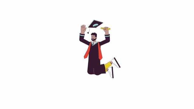 African american male student with diploma graduation line 2D character animation. Graduate flat color cartoon 4K video, alpha channel. Adult man receiving degree animated person on white background