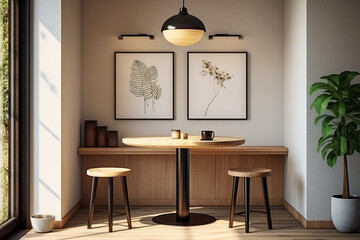 A pair of chairs and a small table in the interior in the style of minimalism