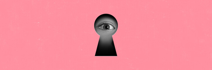 Child, girl looking into keyhole on pink background. Contemporary art collage. Curiosity and...