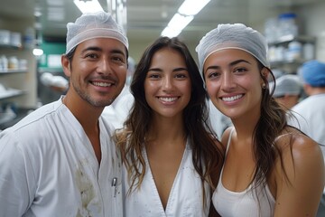 Three food industry workers in hygiene gear, sharing a moment of camaraderie in a group photo