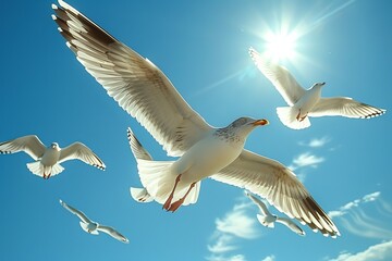 Obraz premium A single seagull flies majestically under a brilliant sun, evoking feelings of freedom and exploration