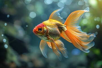 A vivid orange and yellow goldfish with flowing fins swims gracefully in a bubbly underwater scene