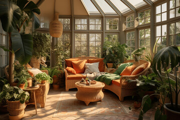 Sunroom filled with tropical plants 