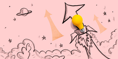 Idea light bulb flying to the sky like a rocket with arrows - Flat lay - 781926129
