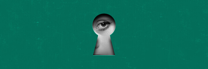 Female eye looking into keyhole on green background. Contemporary art collage. Search for hidden truths. Conceptual design. Concept of creativity, abstract art, imagination and inspiration.