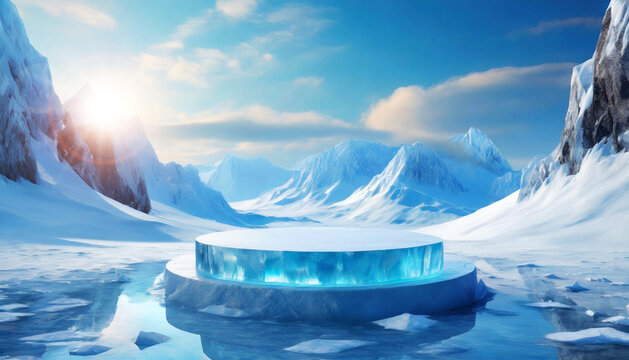 Close-up of an empty ice podium or pedestal for display mockup or products presentation. Snowy and icy mountain peaks in the background with clear blue sky and clouds. Generative Ai.