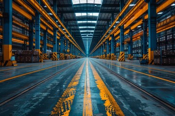 A wide-angle shot capturing the symmetry and depth of an industrial warehouse with bright yellow lines leading the eye - obrazy, fototapety, plakaty