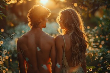 Back view of a couple embracing in a field during golden hour, illustrating romantic and intimate moments