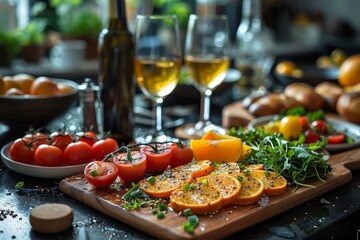 An array of fresh ingredients like tomatoes and herbs on a wooden cutting board, showing a cooking scene with wine