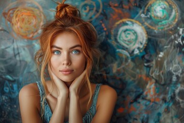 Red-haired young woman posing thoughtfully against a colorful abstract mural