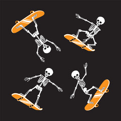 Cartoon Skeleton skateboarding. Set Vector illustration.
