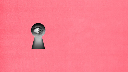 Female eye looking into keyhole on pink background. Contemporary art collage. Finding secrets and...