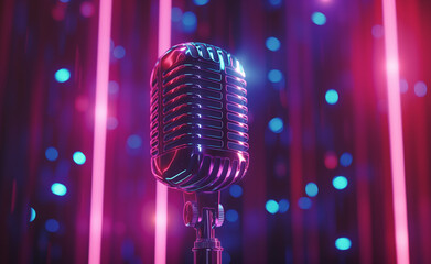Fototapeta na wymiar Glowing Harmonies: Microphone and Neon Lights