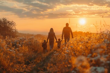 A serene evening scene capturing the silhouettes of a family holding hands and walking through a meadow, with the glowing sunset in the background creating a feel of togetherness