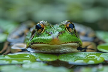 Obraz premium A vibrant green frog with striking yellow eyes peers out from a pond, water droplets accentuating its textured skin amidst lush greenery