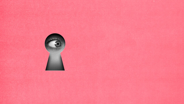 Female eye looking into keyhole on pink background. Contemporary art collage. Finding secrets and hidden truths. Conceptual design. Concept of creativity, abstract art, imagination and inspiration.