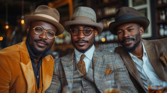 Three stylish African-American men wearing retro fashion, with hats and glasses, enjoying a moment together in a vintage-themed bar.