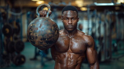 Fototapeta na wymiar Handsome muscular Black man lifting a kettlebell, focused and sweating in a home gym setting, showcasing strength and determination.