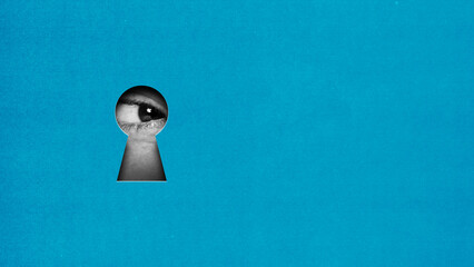 Male eye looking into keyhole on blue background symbolizing desire for opportunity. Contemporary art collage. Conceptual design. Concept of creativity, abstract art, imagination and inspiration.