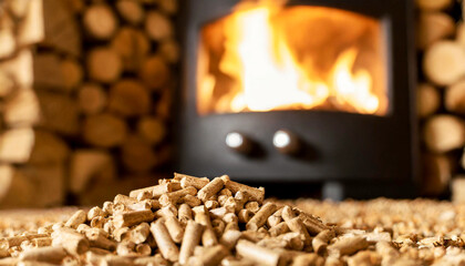 Heating with wood stove with wooden pellets in the foreground. Close-up of a stack of wood pellets and in the background a wood-burning stove with a lively fire and abundant flames. Generative Ai.