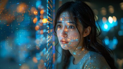 A young Asian woman gazes thoughtfully at digital screens, immersed in high-tech startup environment, reflecting innovation and digital entrepreneurship.