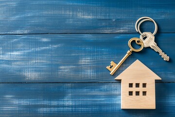 Wooden house model and keys on blue background