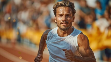 Focused male athlete competes in an international track and field event, showcasing speed and...