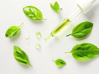 Pipette mit grünen Kräutern auf weissen Hintergrund, Naturkosmetik und Medizin, KI generiert - obrazy, fototapety, plakaty