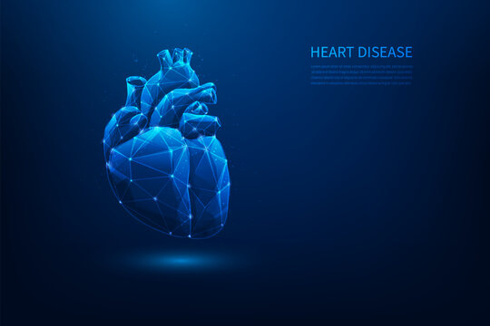 heart disease low poly wireframe and healthcare medical on blue dark background. science medical technology concept. vector illustration fantastic design