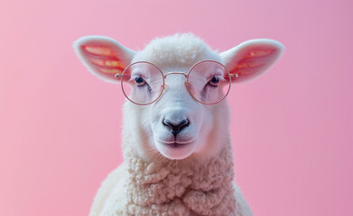 Sheep lamb in sunglass shade glasses isolated on solid pastel background.