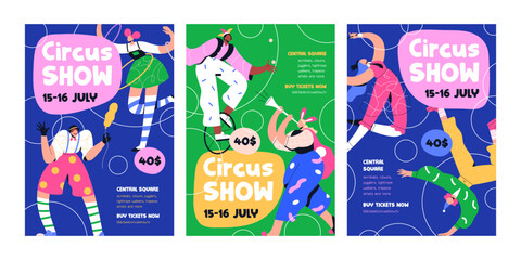 Circus show, poster templates. Carnival, festival, inviting card backgrounds. Carnaval placard, vertical flyer designs with clowns, acrobats, jesters and fun characters. Flat vector illustration