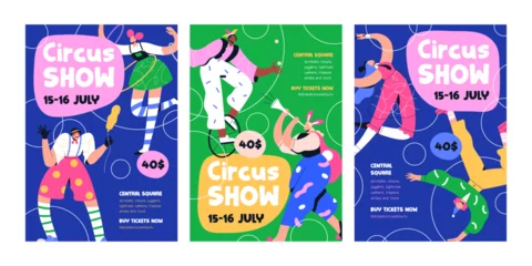 Türaufkleber Circus show, poster templates. Carnival, festival, inviting card backgrounds. Carnaval placard, vertical flyer designs with clowns, acrobats, jesters and fun characters. Flat vector illustration © Good Studio