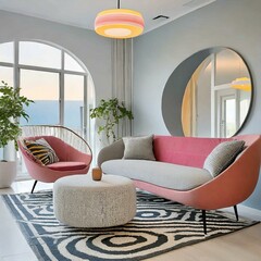 Wnętrze salonu z kanapą,fotelem, stolikiem w odcieniach różu i szarości. Zaokrąglone meble, stylistyka lat 60-tych.