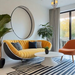 Minimalistyczne, nowoczesne wnętrze salonu z zaokrągloną, tapicerowaną kanapą stylizowaną na lata 60-te w intensywnych, ciepłych kolorach