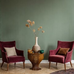 Minimalist living room space in shades of green and burgundy with armchairs, a table and a vase, slightly referring in style to the 1960s and 1970s