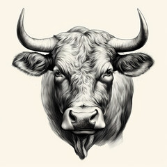 Black and white illustration of bull cow head. Vintage style. - obrazy, fototapety, plakaty