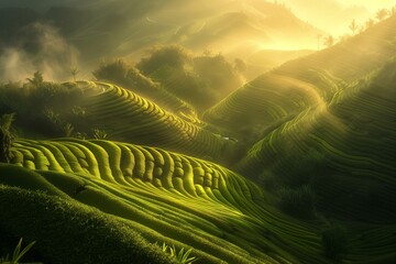 Misty sunrise over terraced rice fields - obrazy, fototapety, plakaty