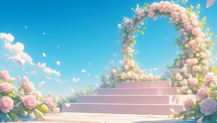 A pink podium surrounded by roses on the right, with a sky blue and light yellow background, creating an atmosphere of spring and summer. 