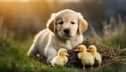 A golden retriever puppy playing with ducklings.