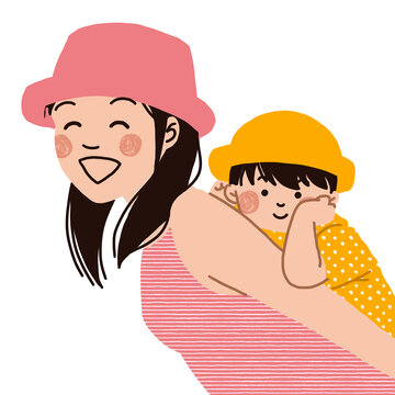 Young mother happily carrying her small child on her back