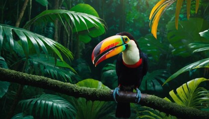 Naklejka premium A colorful toucan sits on a branch amidst lush greenery, its vivid beak adding a pop of color to the dense rainforest setting.. AI Generation